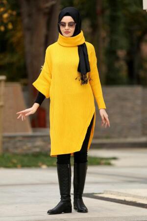 Neva Style - Asimetrik Kesim Sarı Tesettür Triko Tunik 29010SR - 1