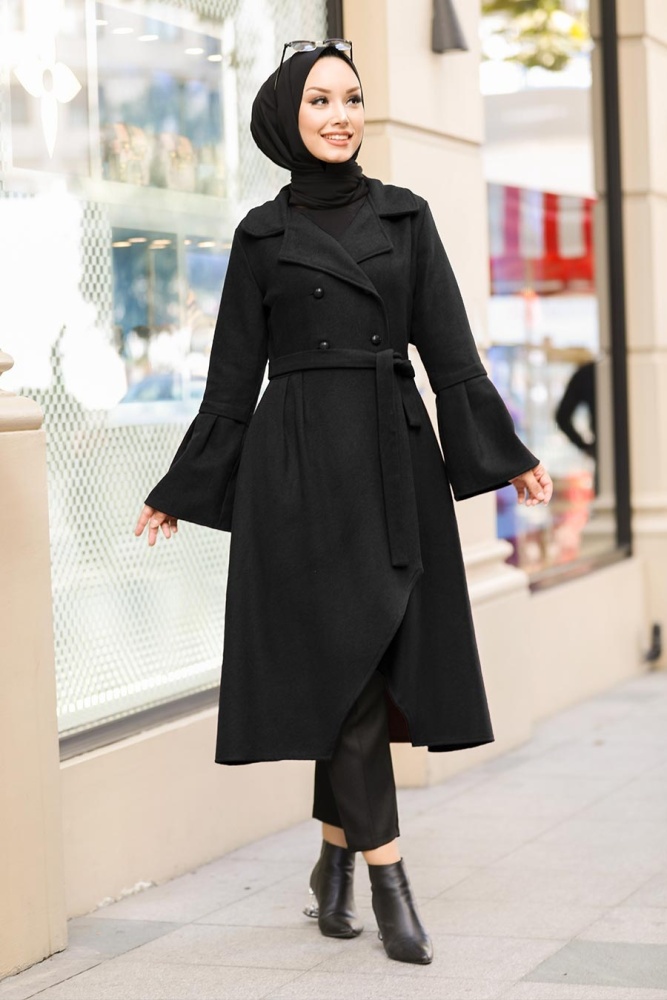 Neva Style - Asimetrik Kesim Siyah Tesettür Kaşe Kap 50774S - 1