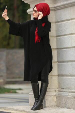 Neva Style - Asimetrik Kesim Siyah Tesettür Triko Tunik 29010S - 1