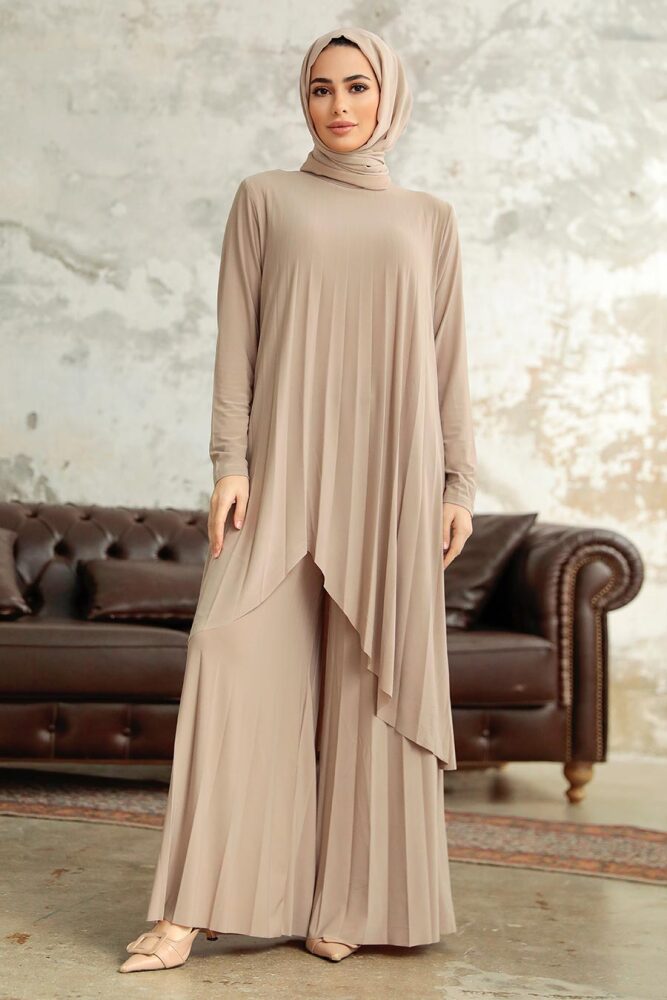 Neva Style - Asitmetrik Kesim Bej Tesettür Sandy İkili Takım 41612BEJ - 2