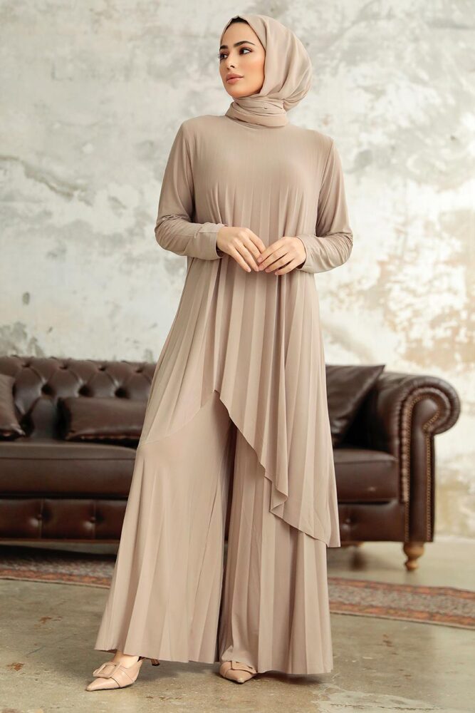 Neva Style - Asitmetrik Kesim Bej Tesettür Sandy İkili Takım 41612BEJ - 1
