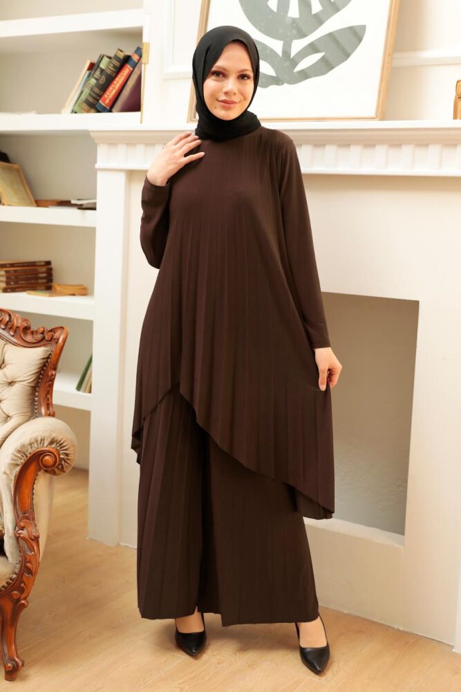 Neva Style - Asitmetrik Kesim Kahverengi Tesettür Sandy İkili Takım 41612KH - 1