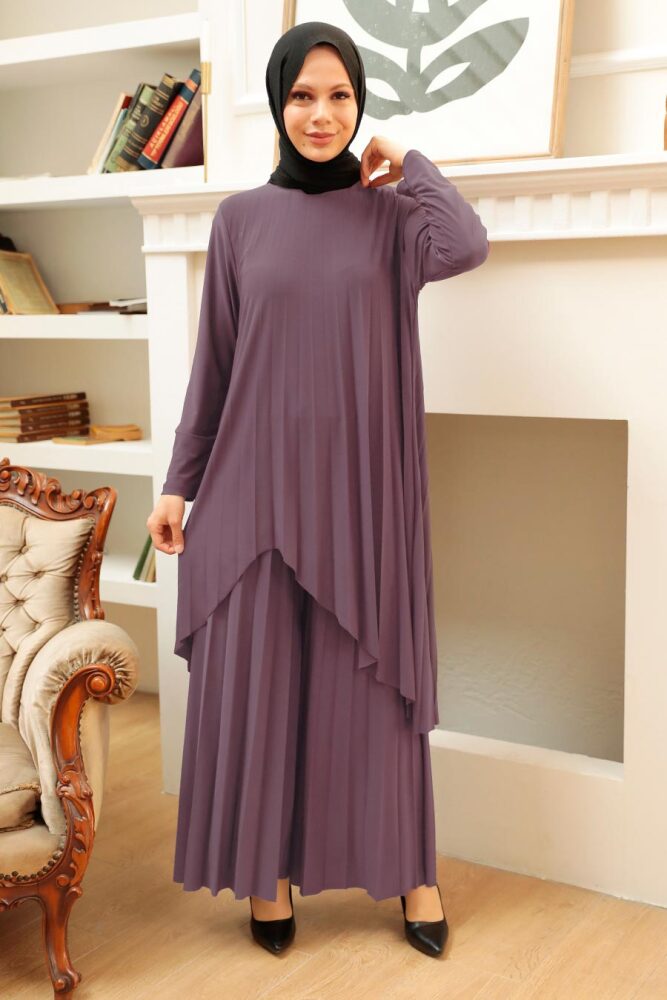 Neva Style - Asitmetrik Kesim Koyu Lila Tesettür Sandy İkili Takım 41612KLILA - 1