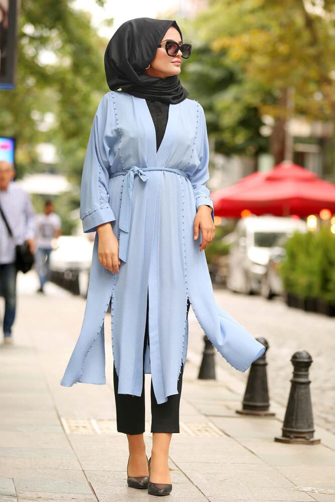 Boncuk Detaylı Bebek Mavisi Tesettür Abaya 40330BM - 1