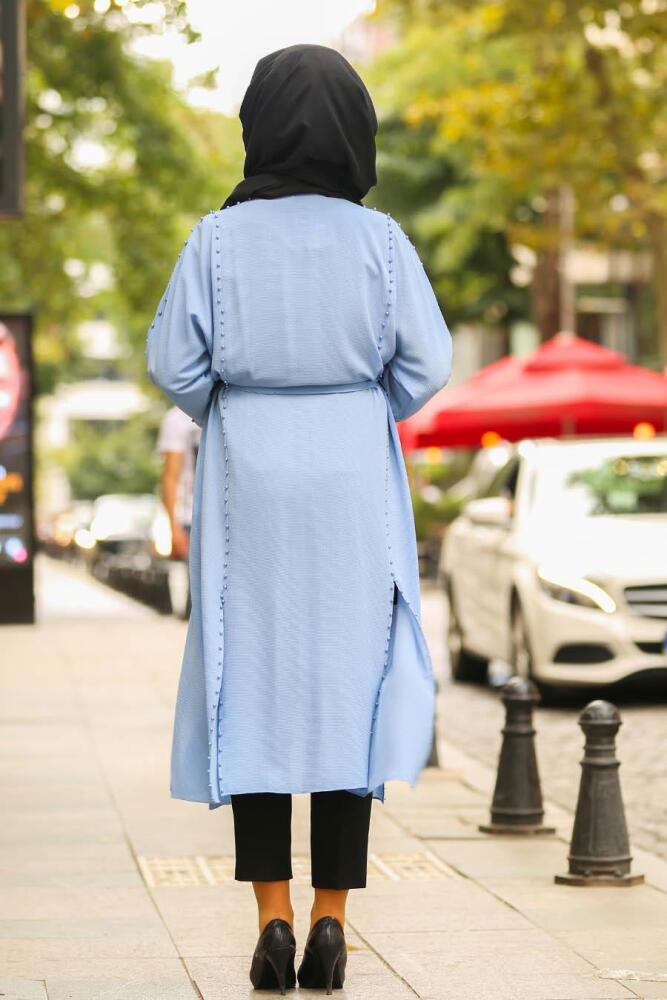 Boncuk Detaylı Bebek Mavisi Tesettür Abaya 40330BM - 2