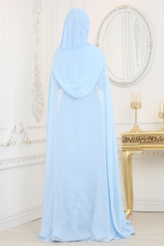 Üç Boyut Çiçekli Bebek Mavisi Tesettür Abiye Elbise 110BM - Thumbnail