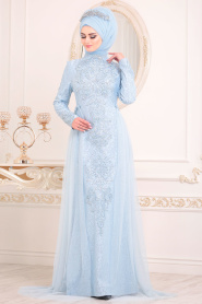 Neva Style - Long Sleeve Baby Blue Muslim Dress 3642BM - Thumbnail