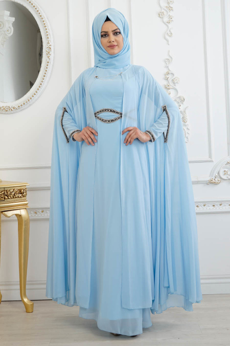 Pelerinli Bebek Mavisi Tesettür Abiye Elbise 8094BM