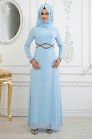 Pelerinli Bebek Mavisi Tesettür Abiye Elbise 8094BM - Thumbnail