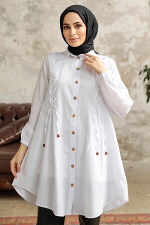  Bağcık Detaylı Beyaz Tesettür Tunik 1141B - NEVA STYLE