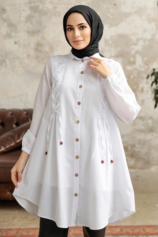 Neva Style - Bağcık Detaylı Beyaz Tesettür Tunik 1141B - NEVA STYLE