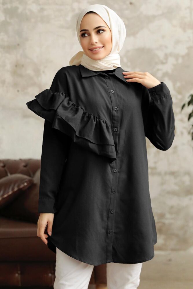 Neva Style - Fırfır Detaylı Siyah Tesettür Tunik 11191S - 1