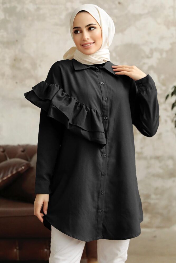 Neva Style - Fırfır Detaylı Siyah Tesettür Tunik 11191S - NEVA STYLE