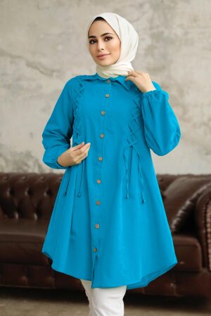 Neva Style - Bağcık Detaylı İndigo Mavisi Tesettür Tunik 1141IM - NEVA STYLE