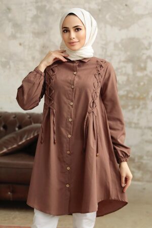 Neva Style - Bağcık Detaylı Kahverengi Tesettür Tunik 1141KH - 1