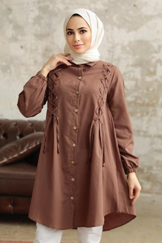 Neva Style - Bağcık Detaylı Kahverengi Tesettür Tunik 1141KH - 1