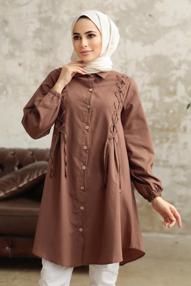 Neva Style - Bağcık Detaylı Kahverengi Tesettür Tunik 1141KH - 3