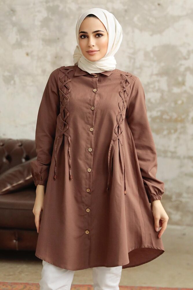 Neva Style - Bağcık Detaylı Kahverengi Tesettür Tunik 1141KH - 2