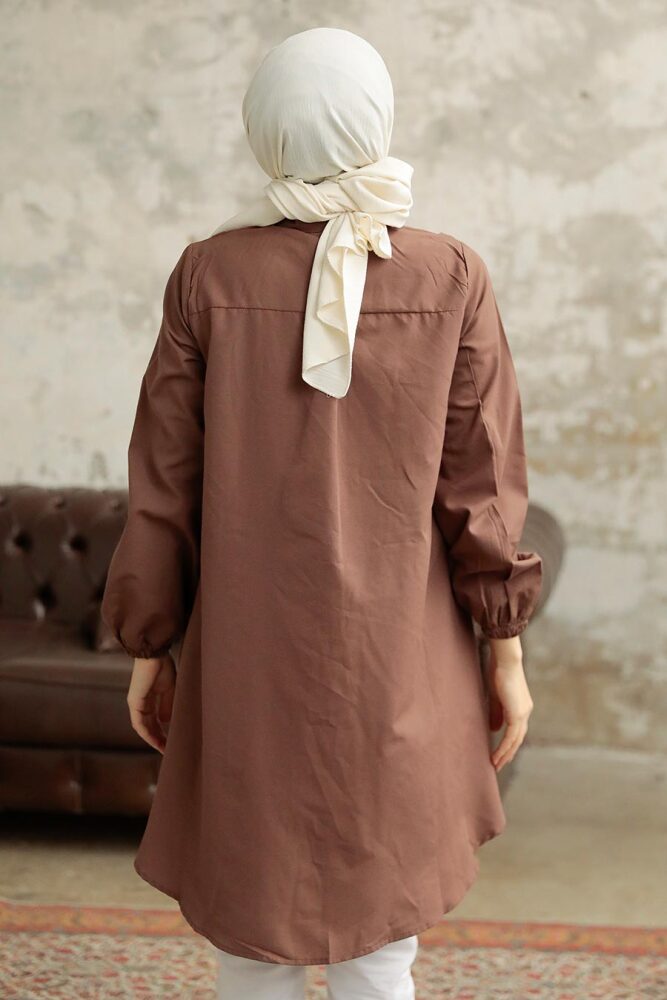 Neva Style - Bağcık Detaylı Kahverengi Tesettür Tunik 1141KH - 4