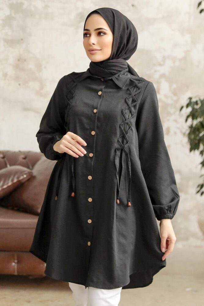 Neva Style - Bağcık Detaylı Siyah Tesettür Tunik 1141S - 1