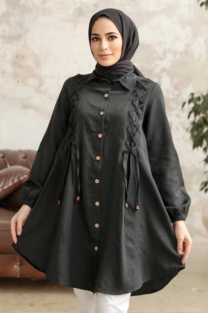 Neva Style - Bağcık Detaylı Siyah Tesettür Tunik 1141S - 2