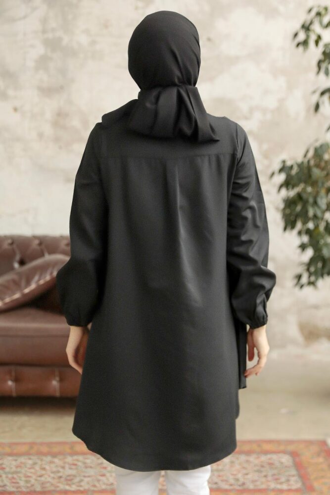 Neva Style - Bağcık Detaylı Siyah Tesettür Tunik 1141S - 3