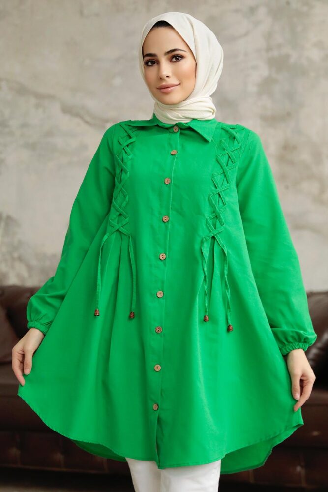 Neva Style - Bağcık Detaylı Yeşil Tesettür Tunik 1141Y - 1