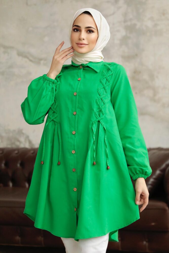 Neva Style - Bağcık Detaylı Yeşil Tesettür Tunik 1141Y - 2