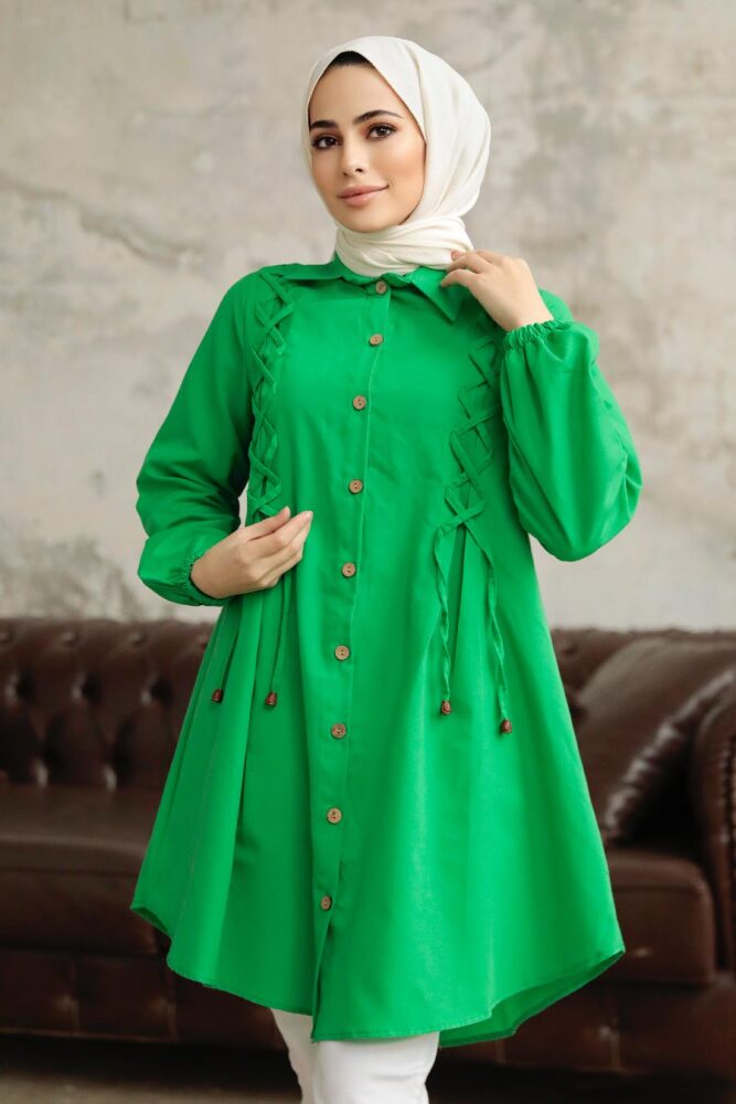 Neva Style - Bağcık Detaylı Yeşil Tesettür Tunik 1141Y - 3