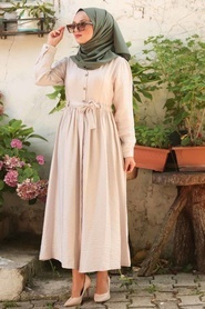 Neva Style - Bağcıklı Bej Tesettür Elbise 3957BEJ - Thumbnail