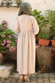 Neva Style - Bağcıklı Bej Tesettür Elbise 3957BEJ - Thumbnail