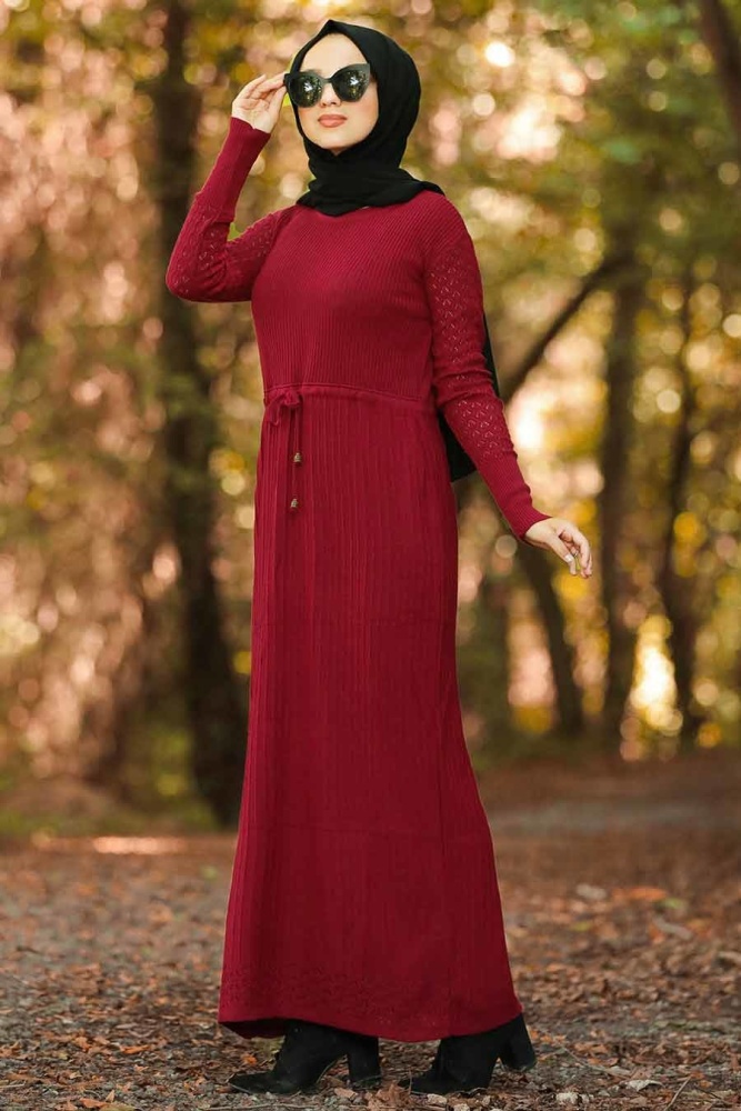 Neva Style - Bağcıklı Bordo Tesettür Triko Elbise 10176BR - 1