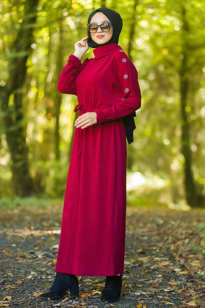 Neva Style - Boğazlı Bordo Tesettür Triko Elbise 80350BR - 1
