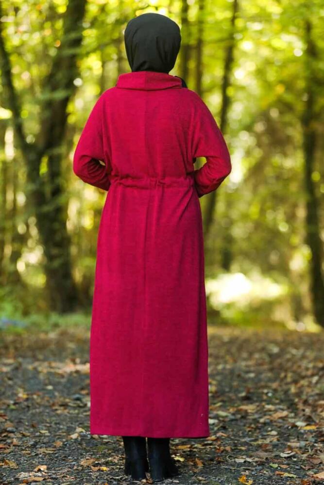 Neva Style - Boğazlı Bordo Tesettür Triko Elbise 80350BR - 2