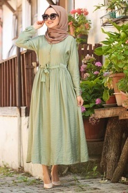 Neva Style - Bağcıklı Fıstık Yeşili Tesettür Elbise 3957FY - Thumbnail