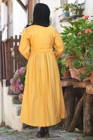 Neva Style - Bağcıklı Hardal Tesettür Elbise 3957HR - Thumbnail