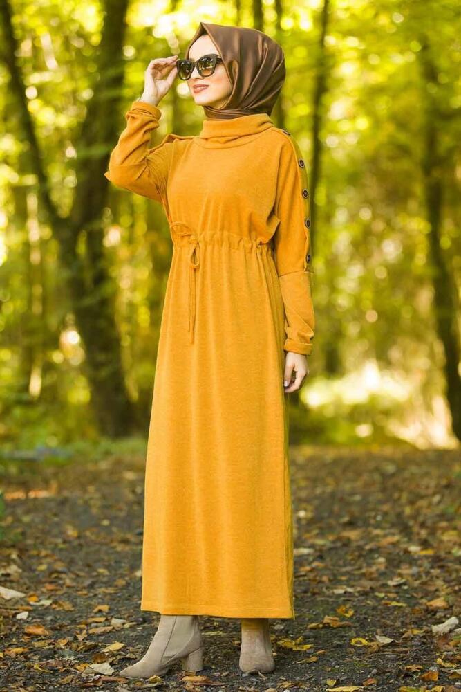 Neva Style - Boğazlı Hardal Tesettür Triko Elbise 80350HR - 1