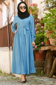 Neva Style - Bağcıklı İndigo Mavisi Tesettür Elbise 3957IM - Thumbnail