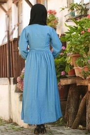 Neva Style - Bağcıklı İndigo Mavisi Tesettür Elbise 3957IM - Thumbnail