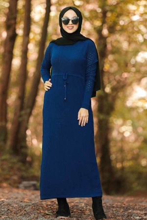 Neva Style - Bağcıklı İndigo Mavisi Tesettür Triko Elbise 10176IM - 1