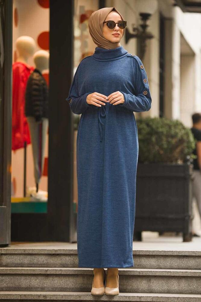 Neva Style - Boğazlı İndigo Mavisi Tesettür Triko Elbise 80350IM - 1