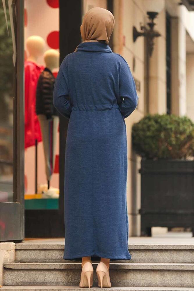 Neva Style - Boğazlı İndigo Mavisi Tesettür Triko Elbise 80350IM - 2