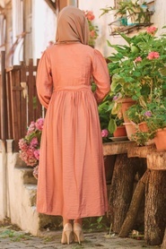 Neva Style - Bağcıklı Kiremit Tesettür Elbise 3957KRMT - Thumbnail