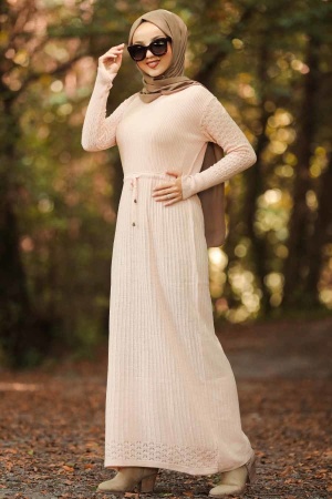 Neva Style - Bağcıklı Pudra Tesettür Triko Elbise 10176PD - 1