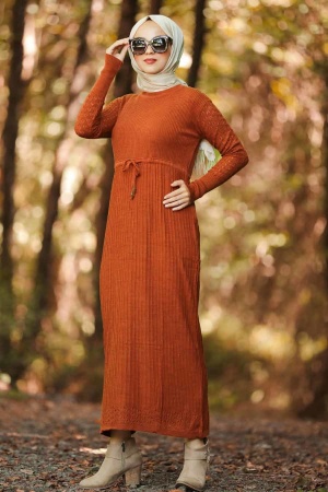 Neva Style - Bağcıklı Taba Tesettür Triko Elbise 10176TB - 1