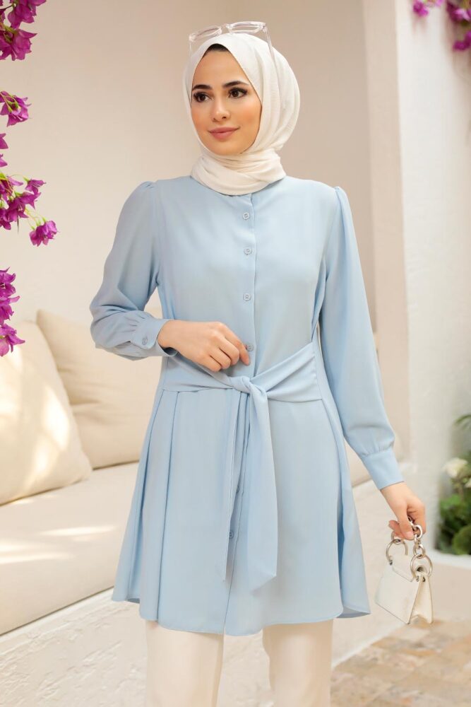Neva Style - Bağlamalı Buz Mavisi Tesettür Tunik 5691BZM - 2