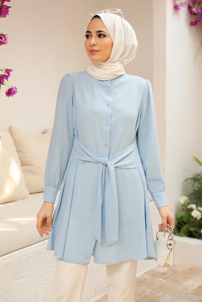 Neva Style - Bağlamalı Buz Mavisi Tesettür Tunik 5691BZM - 3