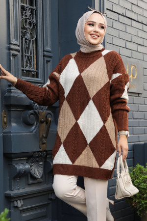 Neva Style - Baklava Desenli Kahverengi Tesettür Triko Kazak 8228KH - 1