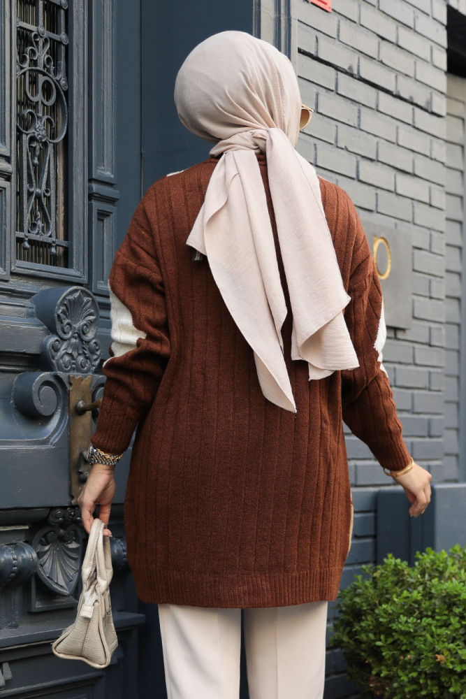 Neva Style - Baklava Desenli Kahverengi Tesettür Triko Kazak 8228KH - 3