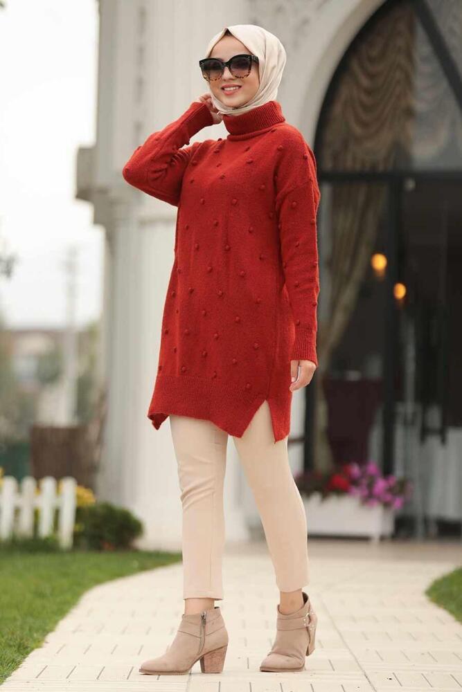 Neva Style - Balıkçı Yaka Ponponlu Kiremit Tesettür Kazak 15709KRMT - 2